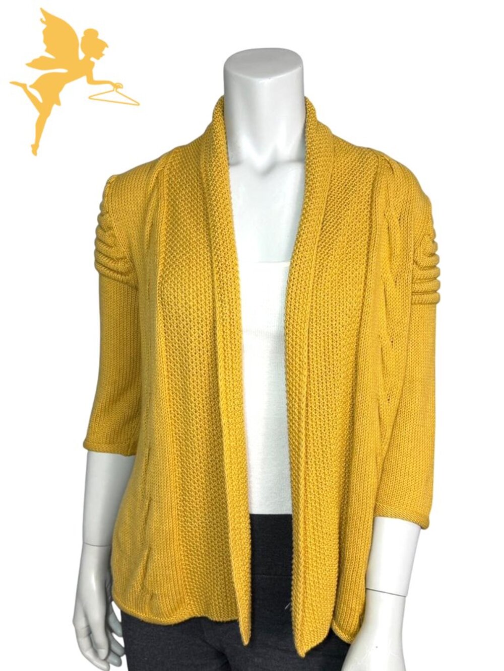 ST. JOHN Luxury Knitwear Mustard Yellow Wool Blend Open Front Draped Cardigan SP